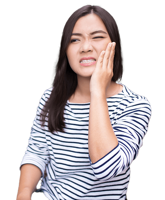 Woman wincing in pain before tooth extraction